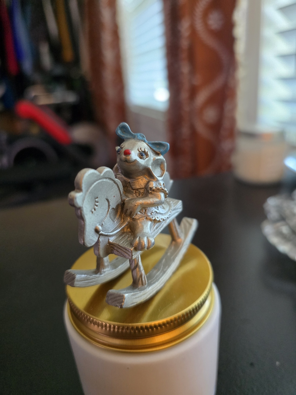 Vintage 1982 Hudson Fine Pewter miniature girl mouse on a rocking horse